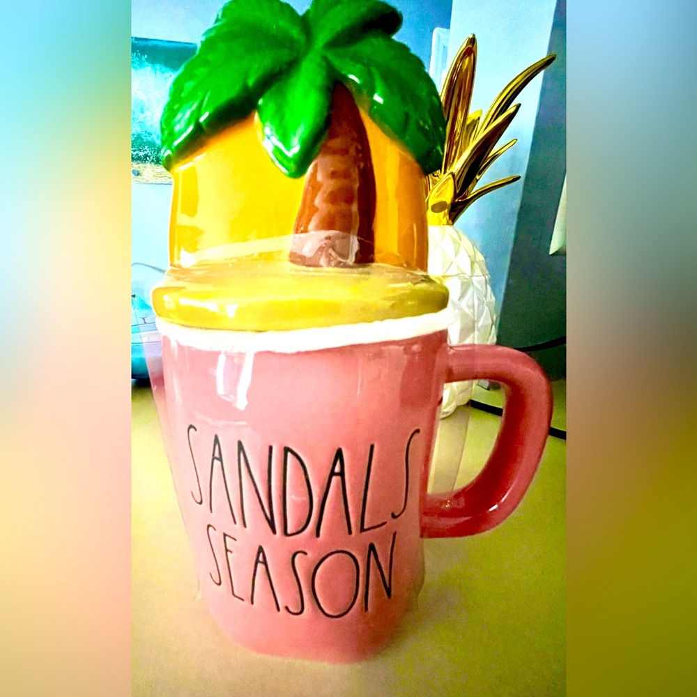 Rae Dunn Fun Coffee Mug Sandals Season Pink/tropical, removable lid